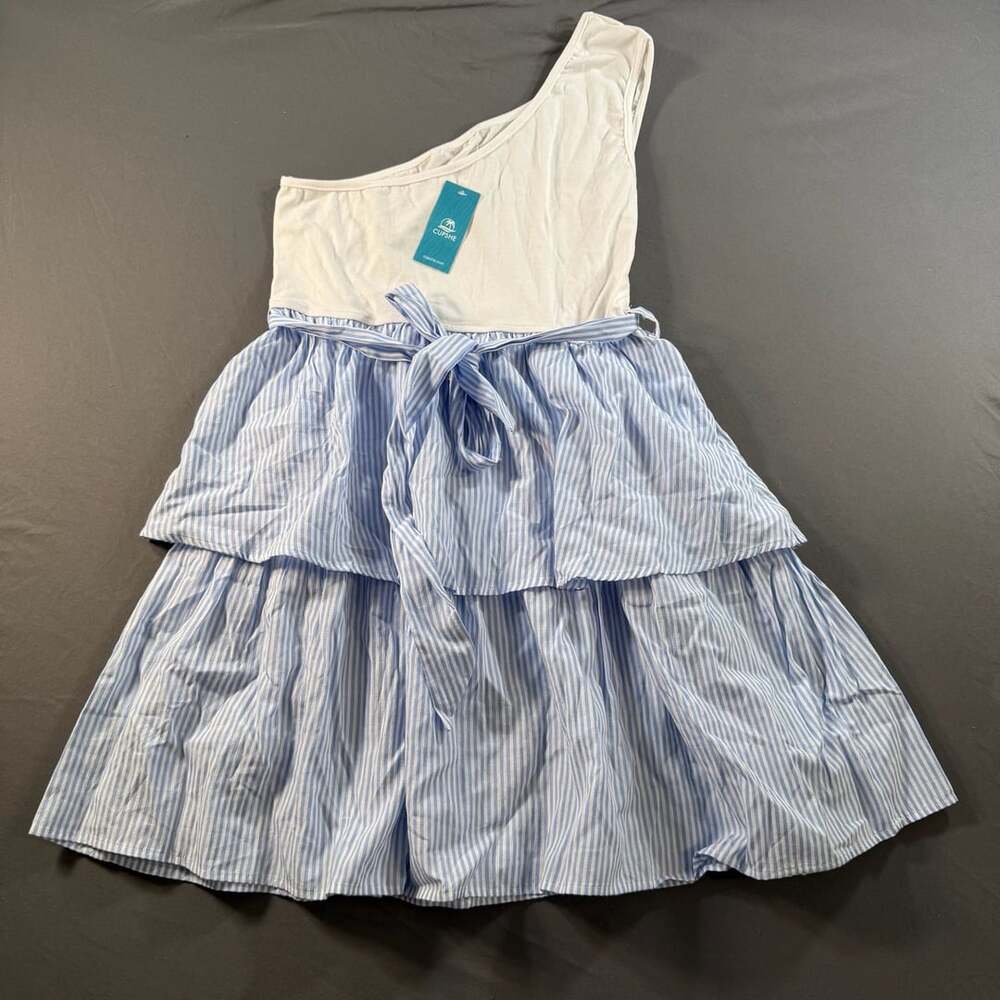 CUPSHE One Shoulder Blue White Striped Tiered Dress Large NWT Belted